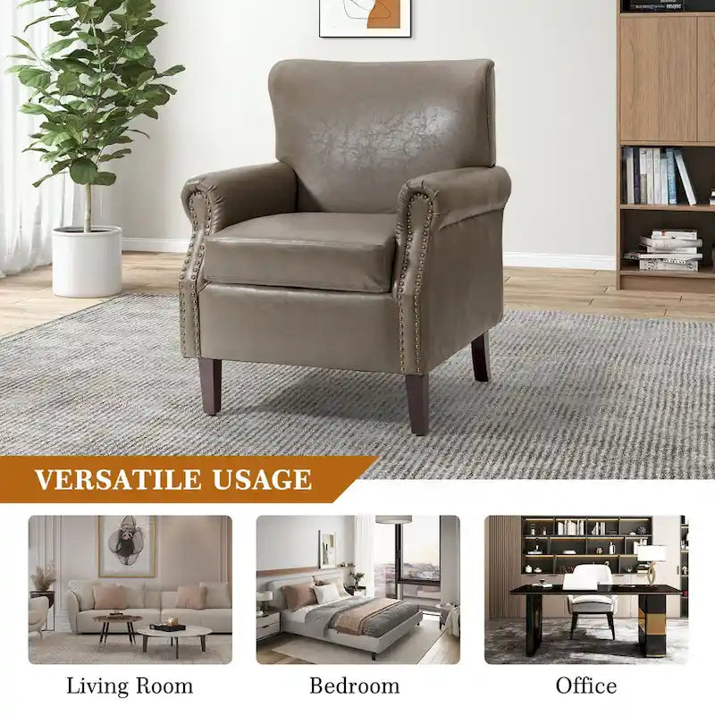 Single Seat Rolled Arm Nailhead Trim Vegan Leather Armchair - Black / Navy / Brown / Camel / Grey / Ivory