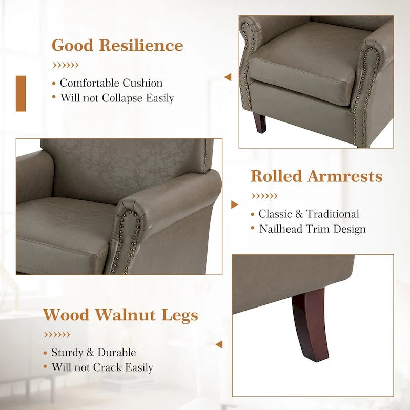 Single Seat Rolled Arm Nailhead Trim Vegan Leather Armchair - Black / Navy / Brown / Camel / Grey / Ivory