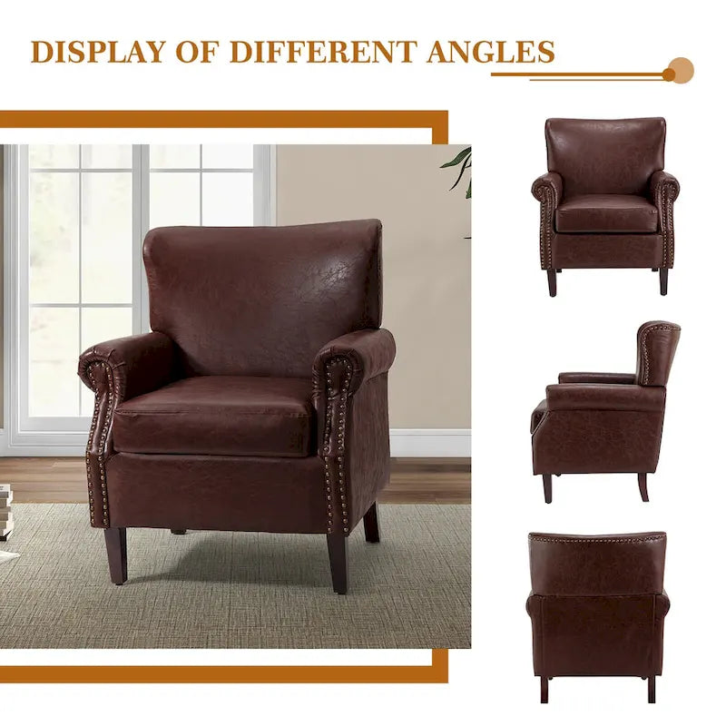 Single Seat Rolled Arm Nailhead Trim Vegan Leather Armchair - Black / Navy / Brown / Camel / Grey / Ivory