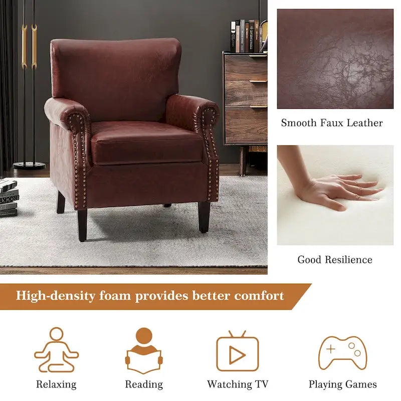 Single Seat Rolled Arm Nailhead Trim Vegan Leather Armchair - Black / Navy / Brown / Camel / Grey / Ivory