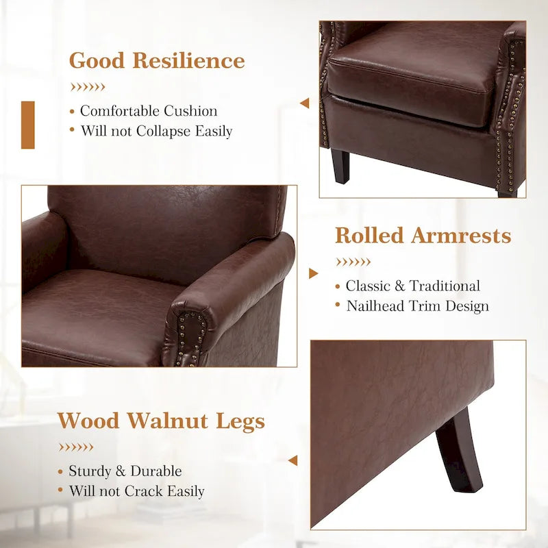Single Seat Rolled Arm Nailhead Trim Vegan Leather Armchair - Black / Navy / Brown / Camel / Grey / Ivory