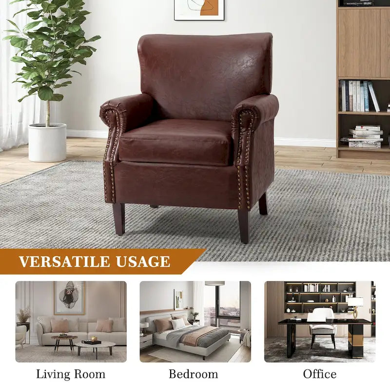 Single Seat Rolled Arm Nailhead Trim Vegan Leather Armchair - Black / Navy / Brown / Camel / Grey / Ivory