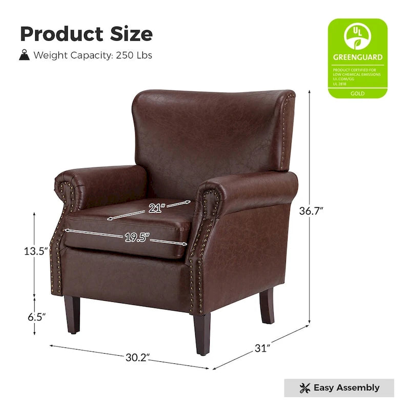 Single Seat Rolled Arm Nailhead Trim Vegan Leather Armchair - Black / Navy / Brown / Camel / Grey / Ivory