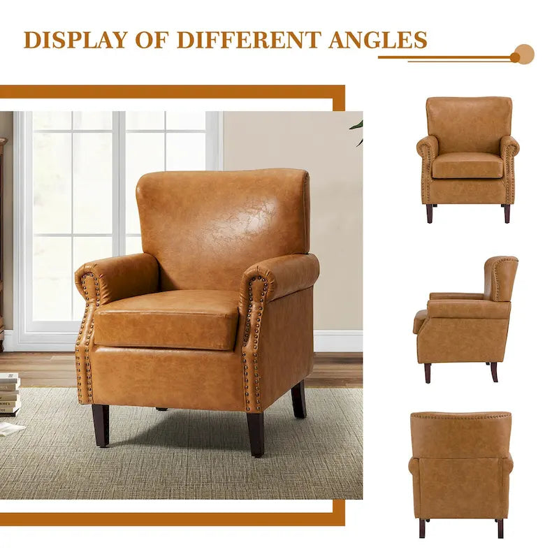 Single Seat Rolled Arm Nailhead Trim Vegan Leather Armchair - Black / Navy / Brown / Camel / Grey / Ivory