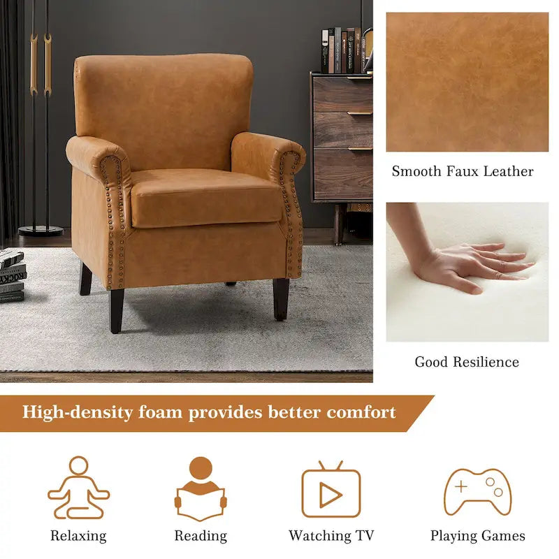 Single Seat Rolled Arm Nailhead Trim Vegan Leather Armchair - Black / Navy / Brown / Camel / Grey / Ivory