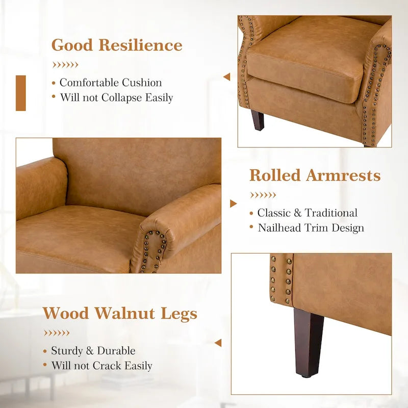 Single Seat Rolled Arm Nailhead Trim Vegan Leather Armchair - Black / Navy / Brown / Camel / Grey / Ivory