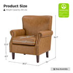 Single Seat Rolled Arm Nailhead Trim Vegan Leather Armchair - Black / Navy / Brown / Camel / Grey / Ivory