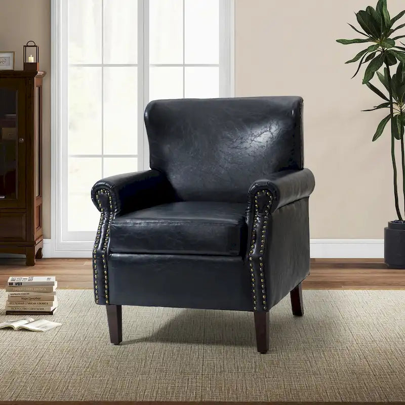 Single Seat Rolled Arm Nailhead Trim Vegan Leather Armchair - Black / Navy / Brown / Camel / Grey / Ivory