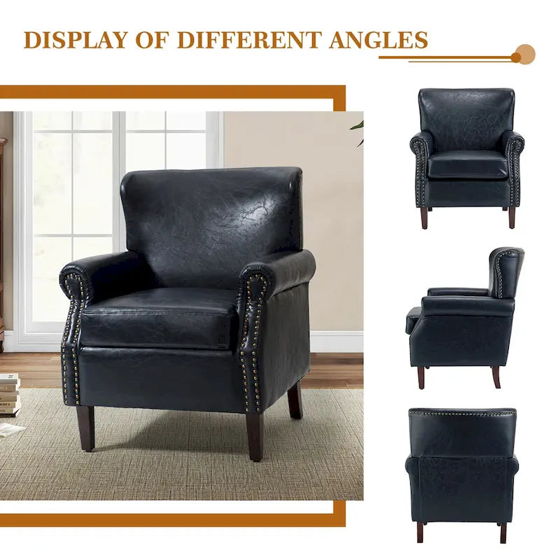 Single Seat Rolled Arm Nailhead Trim Vegan Leather Armchair - Black / Navy / Brown / Camel / Grey / Ivory