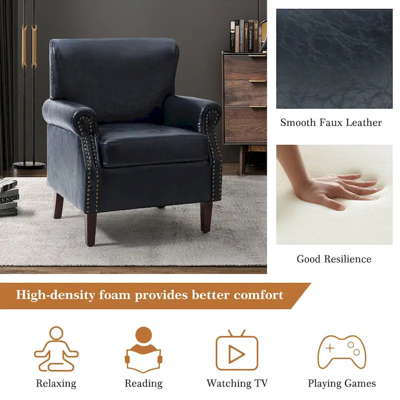 Single Seat Rolled Arm Nailhead Trim Vegan Leather Armchair - Black / Navy / Brown / Camel / Grey / Ivory