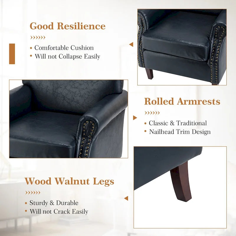 Single Seat Rolled Arm Nailhead Trim Vegan Leather Armchair - Black / Navy / Brown / Camel / Grey / Ivory