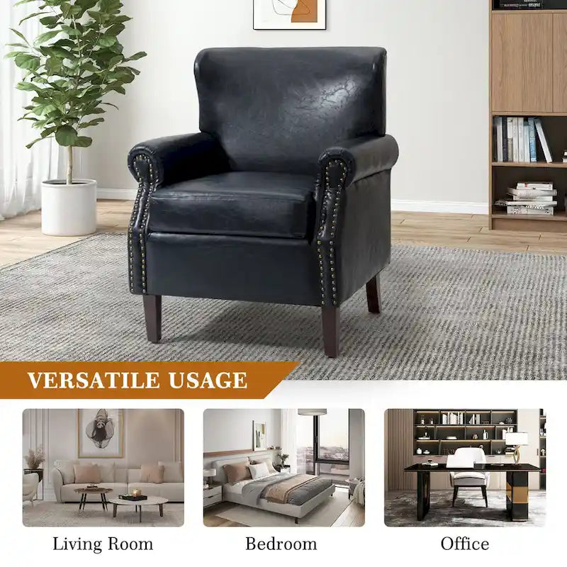 Single Seat Rolled Arm Nailhead Trim Vegan Leather Armchair - Black / Navy / Brown / Camel / Grey / Ivory