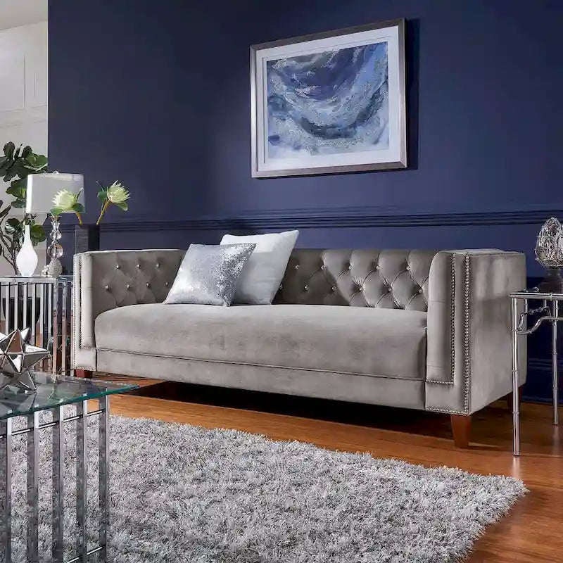 Grey Velvet Button-Tufted Sofa / Loveseat, 2–3 Seater