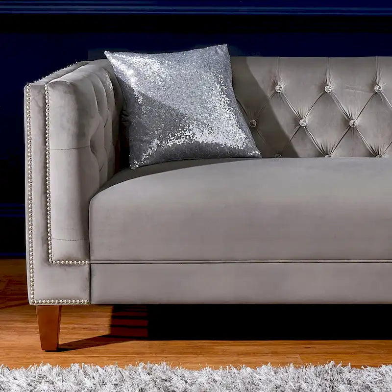 Grey Velvet Button-Tufted Sofa / Loveseat, 2–3 Seater