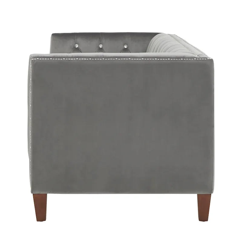 Grey Velvet Button-Tufted Sofa / Loveseat, 2–3 Seater