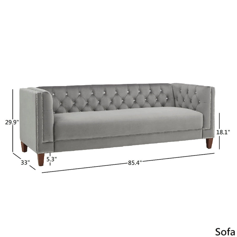 Grey Velvet Button-Tufted Sofa / Loveseat, 2–3 Seater