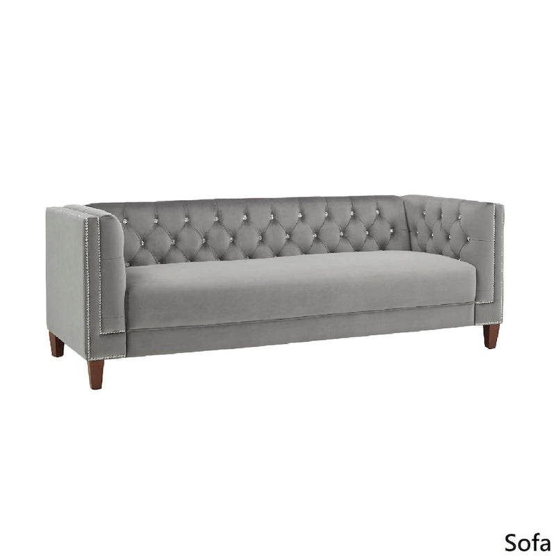 Grey Velvet Button-Tufted Sofa / Loveseat, 2–3 Seater
