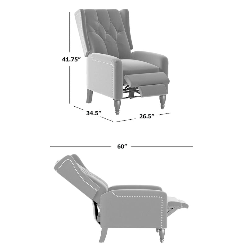 Charcoal Grey / Ruby Red / Navy Blue / Emerald Green Velvet Wingback Push Back Recliner Chair for 1