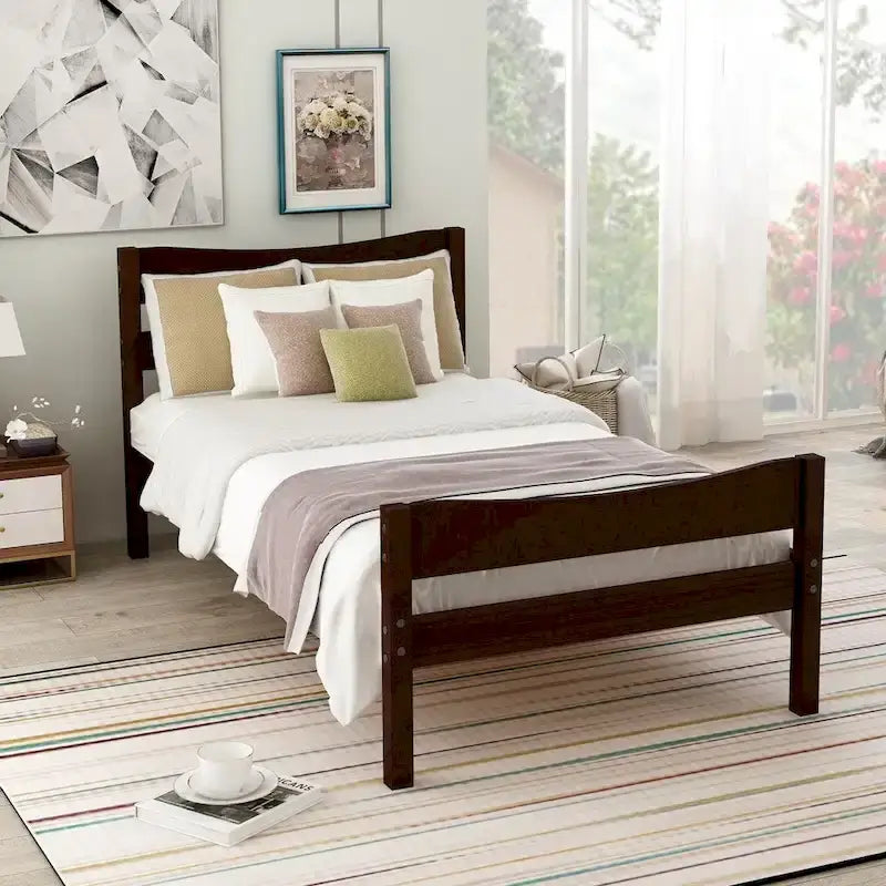 Solid Wood Platform Bed Frame with Headboard – White / Walnut / Espresso, For 1