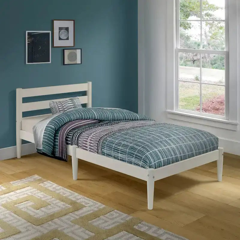 Brown / White Twin Platform Bed with Slatted Headboard, for 1
