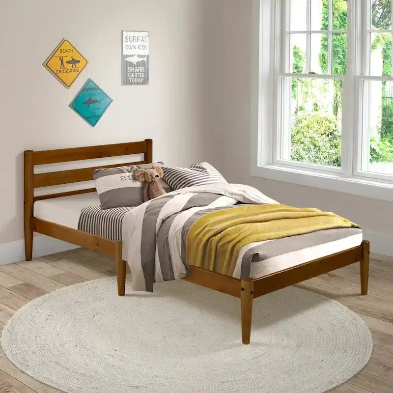 Brown / White Twin Platform Bed with Slatted Headboard, for 1