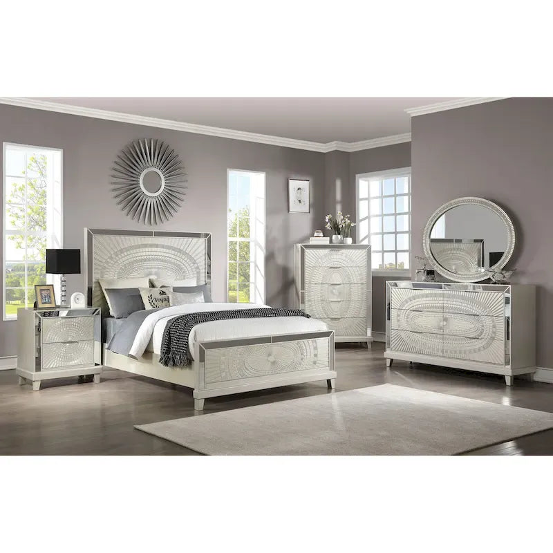 Champagne Glam Panel Bed – Mirror Accents, Carved Wood (King / Cal King / Queen)