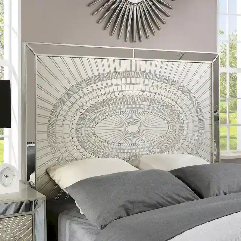 Champagne Glam Panel Bed – Mirror Accents, Carved Wood (King / Cal King / Queen)