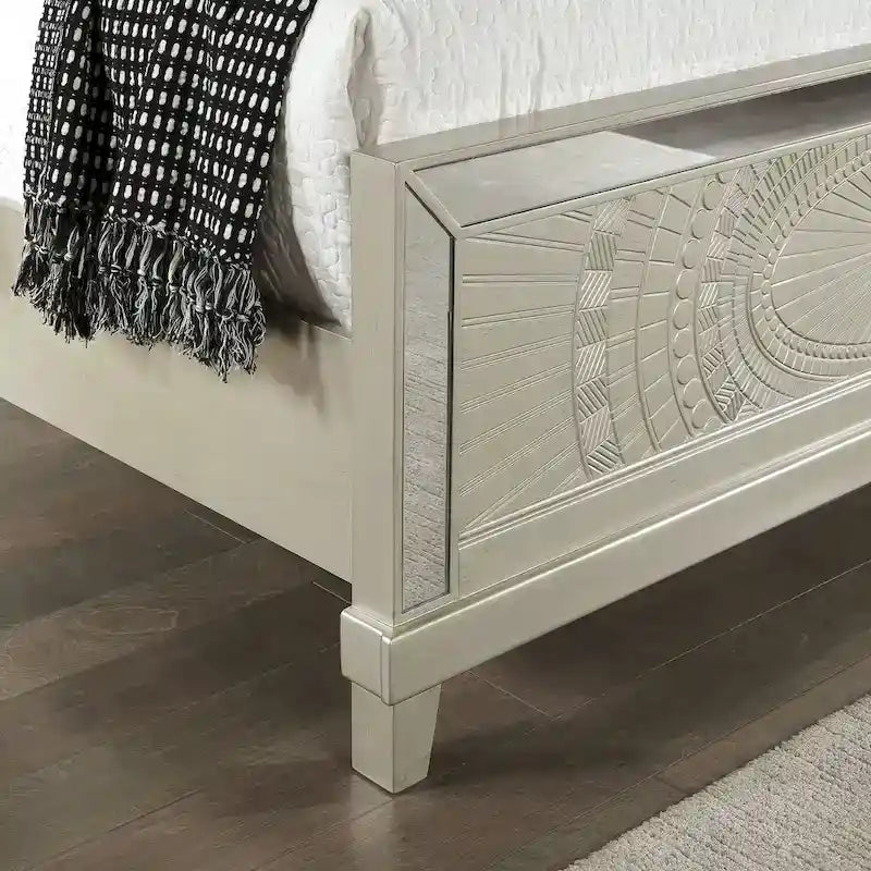 Champagne Glam Panel Bed – Mirror Accents, Carved Wood (King / Cal King / Queen)