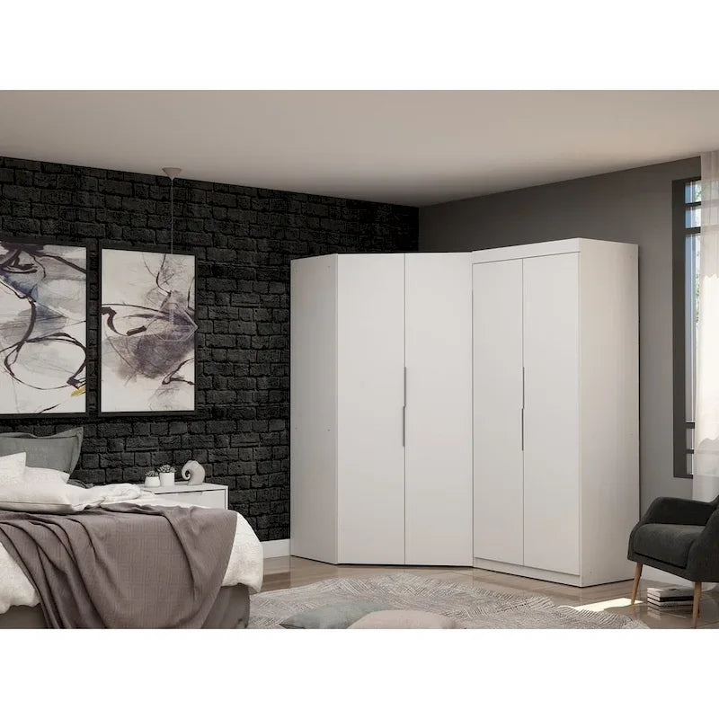 2-Piece Corner Wardrobe Closet with Hanging Rods & Drawers (Brown / White / Midnight Blue)