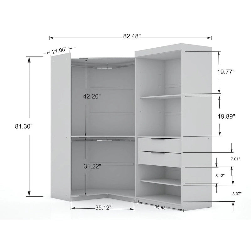 2-Piece Corner Wardrobe Closet with Hanging Rods & Drawers (Brown / White / Midnight Blue)