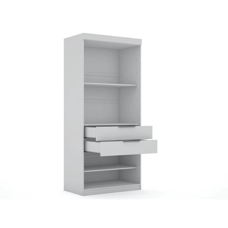 2-Piece Corner Wardrobe Closet with Hanging Rods & Drawers (Brown / White / Midnight Blue)