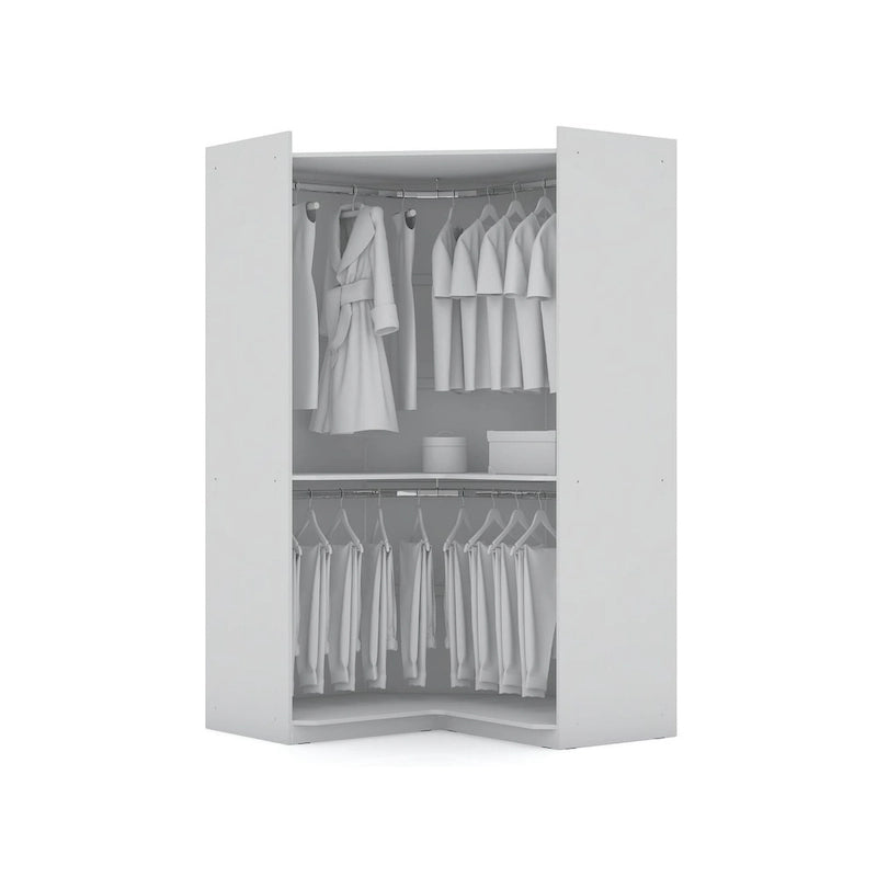 2-Piece Corner Wardrobe Closet with Hanging Rods & Drawers (Brown / White / Midnight Blue)