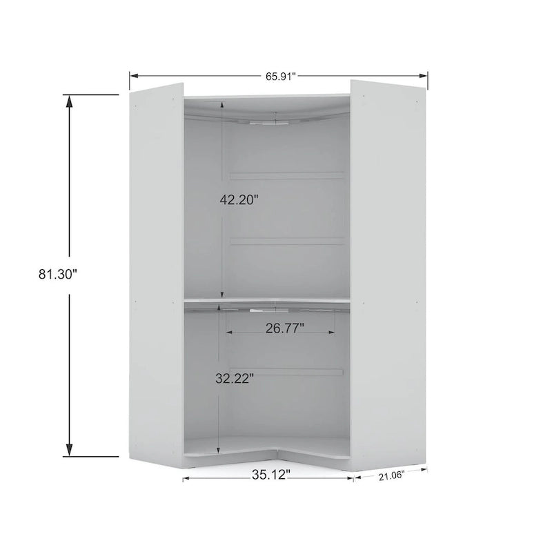 2-Piece Corner Wardrobe Closet with Hanging Rods & Drawers (Brown / White / Midnight Blue)