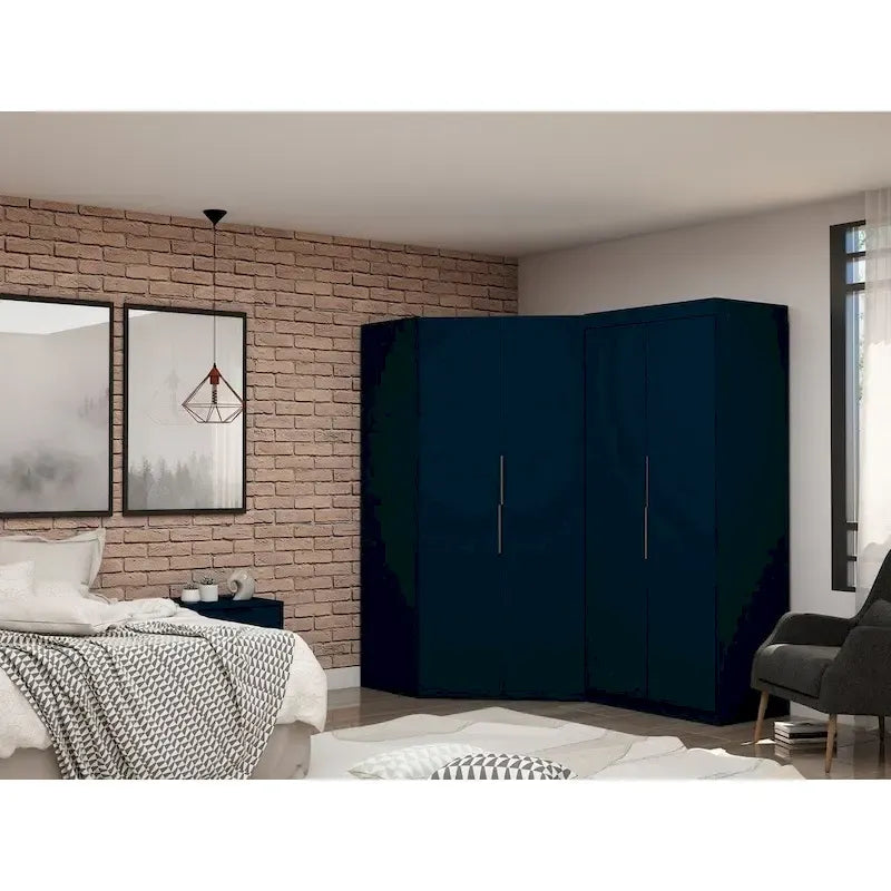 2-Piece Corner Wardrobe Closet with Hanging Rods & Drawers (Brown / White / Midnight Blue)