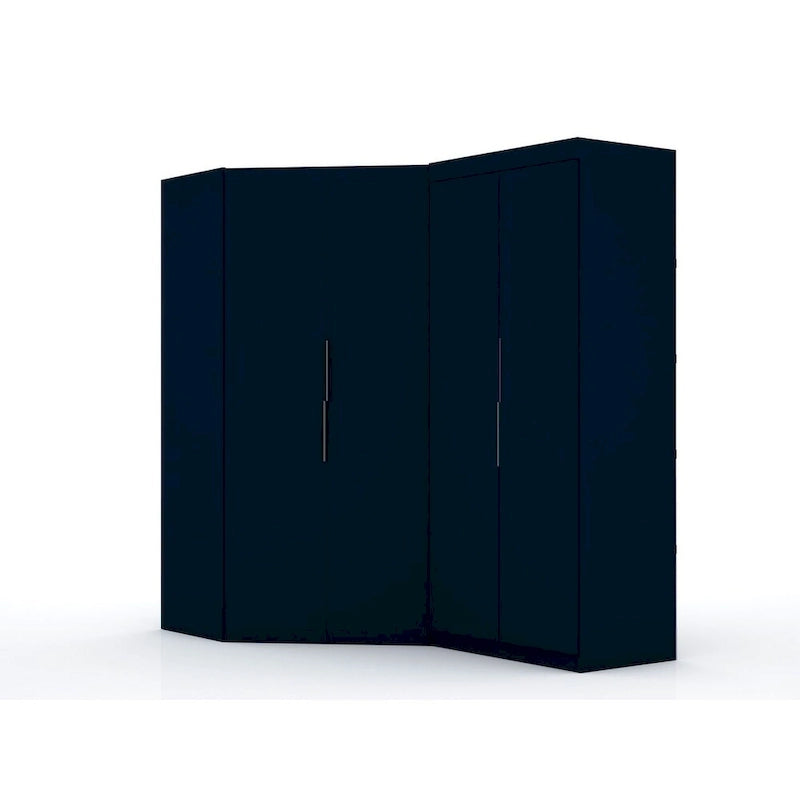 2-Piece Corner Wardrobe Closet with Hanging Rods & Drawers (Brown / White / Midnight Blue)