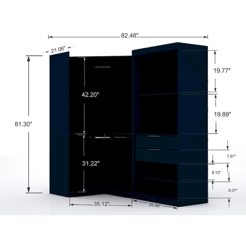 2-Piece Corner Wardrobe Closet with Hanging Rods & Drawers (Brown / White / Midnight Blue)