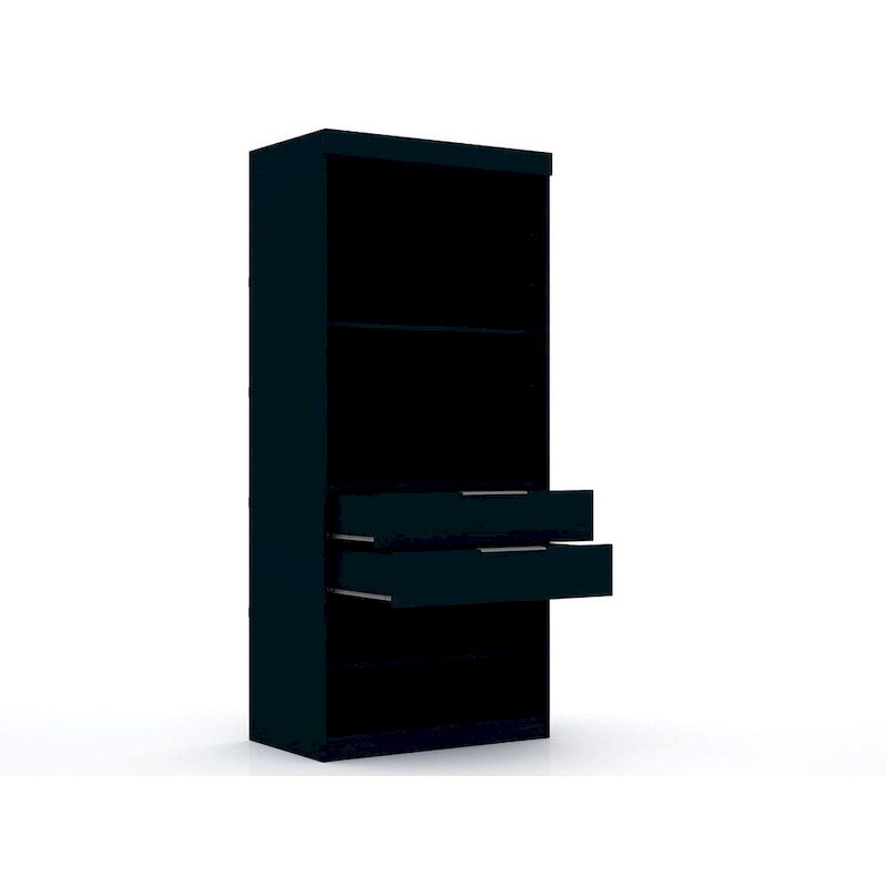 2-Piece Corner Wardrobe Closet with Hanging Rods & Drawers (Brown / White / Midnight Blue)