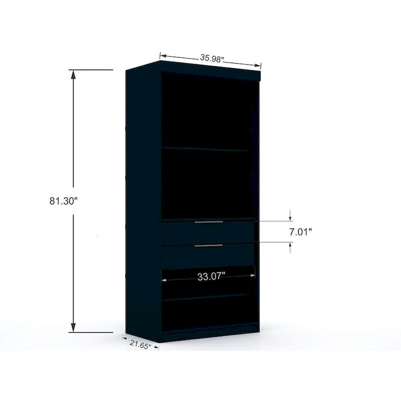 2-Piece Corner Wardrobe Closet with Hanging Rods & Drawers (Brown / White / Midnight Blue)