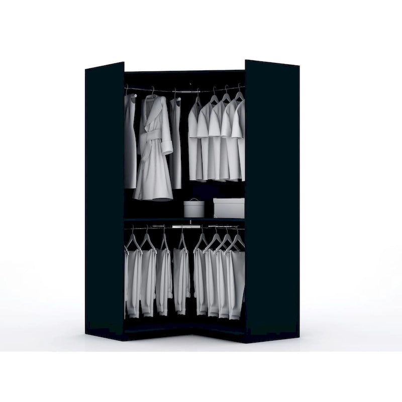 2-Piece Corner Wardrobe Closet with Hanging Rods & Drawers (Brown / White / Midnight Blue)