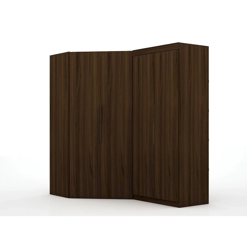 2-Piece Corner Wardrobe Closet with Hanging Rods & Drawers (Brown / White / Midnight Blue)