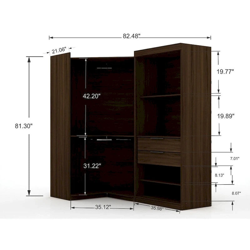 2-Piece Corner Wardrobe Closet with Hanging Rods & Drawers (Brown / White / Midnight Blue)