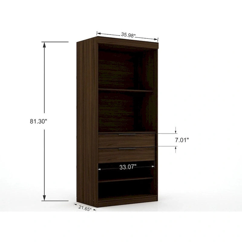 2-Piece Corner Wardrobe Closet with Hanging Rods & Drawers (Brown / White / Midnight Blue)