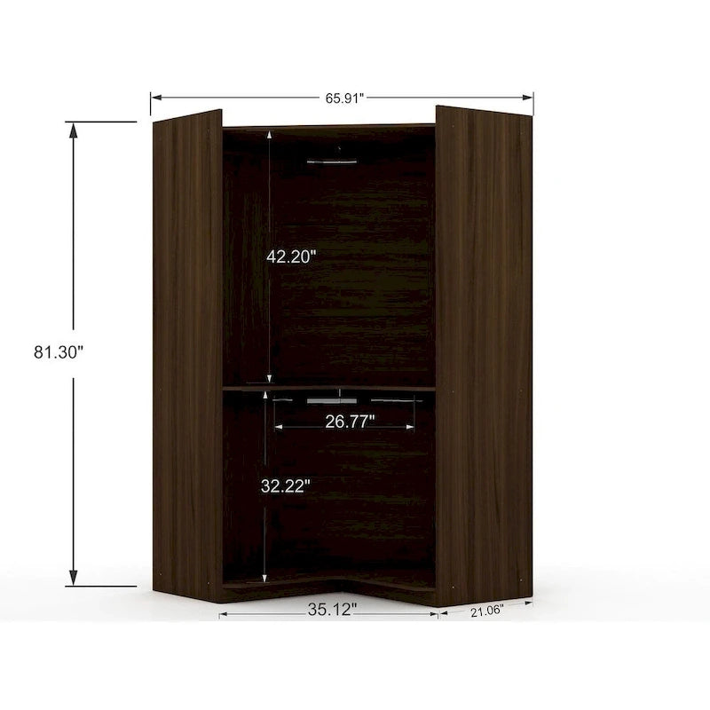 2-Piece Corner Wardrobe Closet with Hanging Rods & Drawers (Brown / White / Midnight Blue)