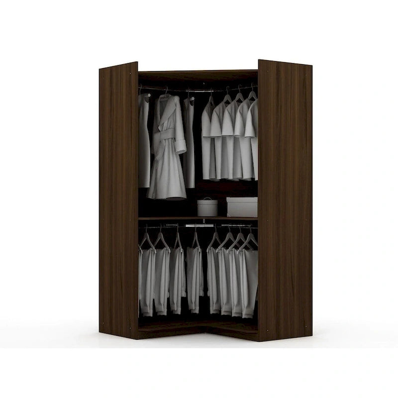 2-Piece Corner Wardrobe Closet with Hanging Rods & Drawers (Brown / White / Midnight Blue)