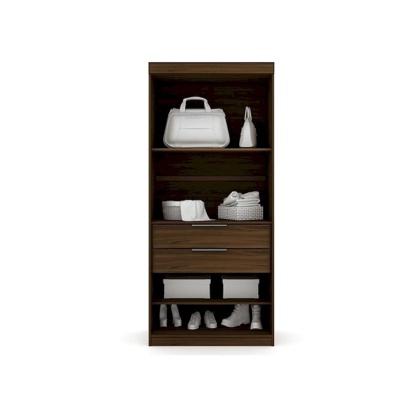 2-Piece Corner Wardrobe Closet with Hanging Rods & Drawers (Brown / White / Midnight Blue)