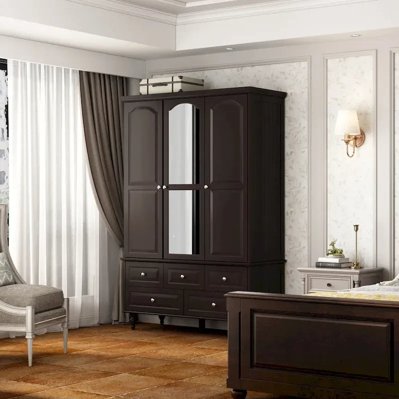 White & Dark Brown Sliding Door Wardrobe with Mirror, 70.9" Tall, 1-2 Person