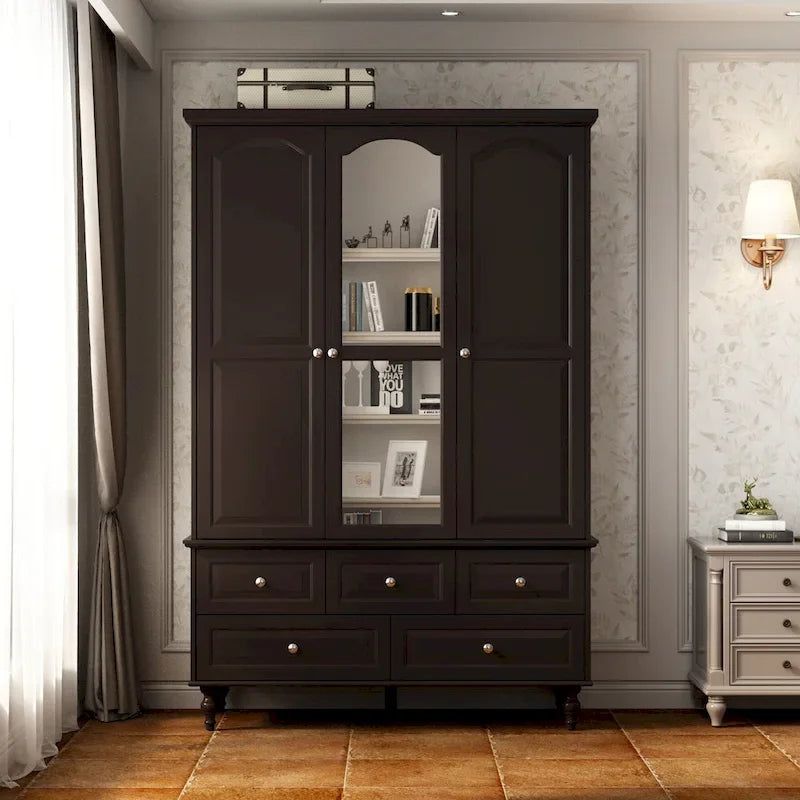 White & Dark Brown Sliding Door Wardrobe with Mirror, 70.9" Tall, 1-2 Person