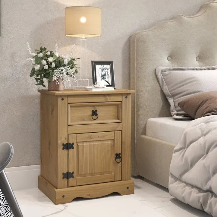 Grey / Brown Solid Pine Nightstand – 1 Door & 1 Drawer