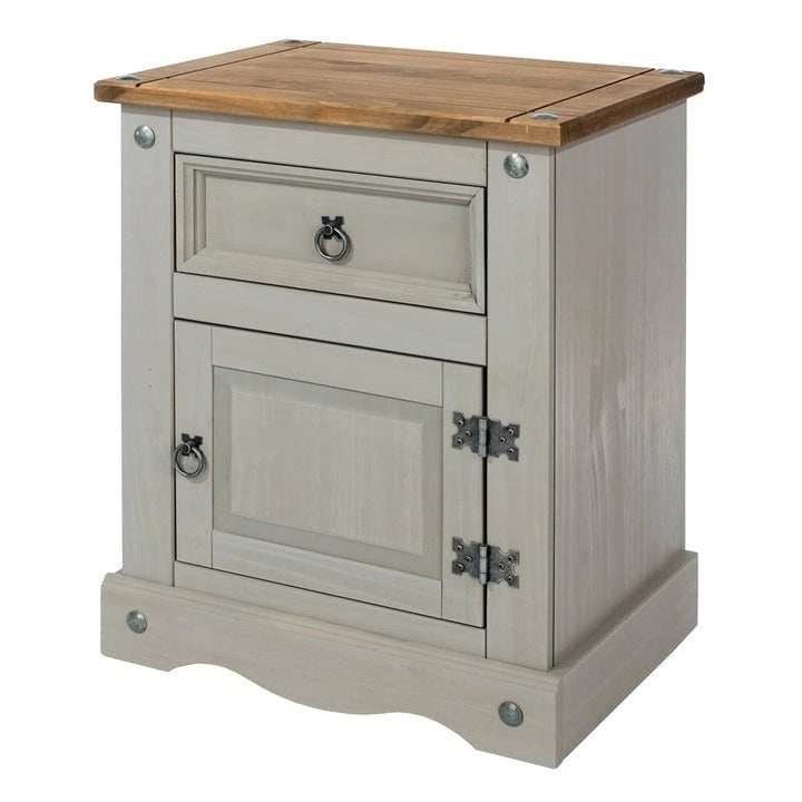 Grey / Brown Solid Pine Nightstand – 1 Door & 1 Drawer