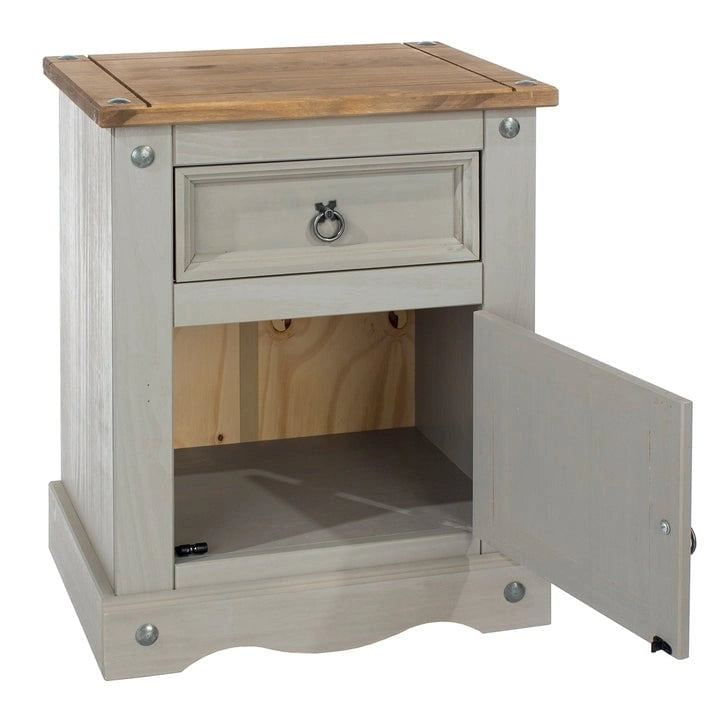 Grey / Brown Solid Pine Nightstand – 1 Door & 1 Drawer